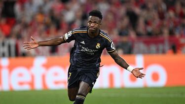 Real Madrid's Brazilian forward #07 Vinicius Junior celebrates scoring during the UEFA Champions League semi-final first leg football match between FC Bayern Munich and Real Madrid CF on April 30, 2024 in Munich, southern Germany. (Photo by Kirill KUDRYAVTSEV / AFP)