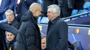 Pep Guardiola y Carlo Ancelotti, entrenadores del Manchester City y el Real Madrid.