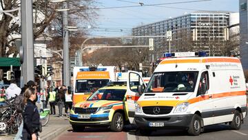 Ambulance vehicles are parked near the scene after a car drove into a crowd, in Mannheim, Germany, March 3, 2025. REUTERS/Alfio Marino