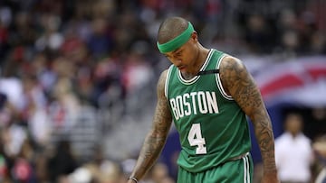 WASHINGTON, DC - MAY 12: Isaiah Thomas #4 of the Boston Celtics reacts against the Washington Wizards during Game Six of the NBA Eastern Conference Semi-Finals at Verizon Center on May 12, 2017 in Washington, DC. NOTE TO USER: User expressly acknowledges and agrees that, by downloading and or using this photograph, User is consenting to the terms and conditions of the Getty Images License Agreement. Rob Carr/Getty Images/AFP
== FOR NEWSPAPERS, INTERNET, TELCOS & TELEVISION USE ONLY ==