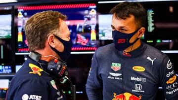 BARCELONA, SPAIN - AUGUST 15: Red Bull Racing Team Principal Christian Horner talks to Alexander Albon of Thailand and Red Bull Racing i during qualifying for the F1 Grand Prix of Spain at Circuit de Barcelona-Catalunya on August 15, 2020 in Barcelona, Spain. (Photo by Mark Thompson/Getty Images)