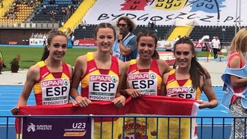 El cuarteto femenino que venci&oacute; en 4x100 metros en los Europeos Sub-23. 