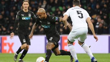 Ari, jugador del Krasnodar ruso, en el partido ante el Valencia.