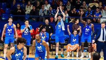 Los jugadores del Movistar Estudiantes celebran una canasta ante el Tizona Burgos en los cuartos de la Copa España.