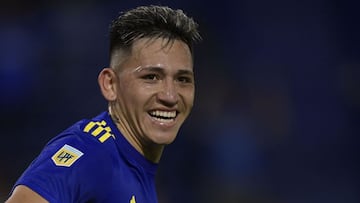 Boca Juniors&#039; forward Luis Vazquez celebrates after scoring the team&#039;s second goal against Godoy Cruz during their Argentine Professional Football League match at the &quot;Bombonera&quot; stadium in Buenos Aires, Argentina, on October 20, 2021. (Photo by JUAN MABROMATA / AFP)