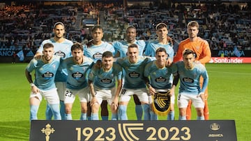 Formaci¨®n inicial del Celta en el partido contra el Elche disputado en Bala¨ªdos y correspondiente a la 31? jornada de la Liga 2022-2023.