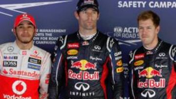 Vettel posa junto a Webber y Hamilton tras la sesión de calificación del GP de Corea del Sur