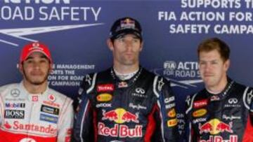 Vettel posa junto a Webber y Hamilton tras la sesión de calificación del GP de Corea del Sur