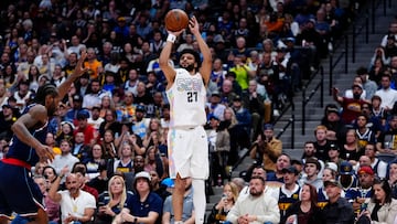 Denver Nuggets guard Jamal Murray (27) shoots a three point basket in the second half during game five of the first round for the 2025 NBA Playoffs at Ball Arena.