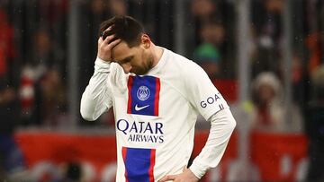 Soccer Football - Champions League - Round of 16 - Second Leg - Bayern Munich v Paris St Germain - Allianz Arena, Munich, Germany - March 8, 2023  Paris St Germain's Lionel Messi reacts REUTERS/Kai Pfaffenbach