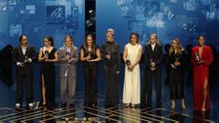 Members of the The FIFA FIFPro Women's World XI line up on stage during the Best FIFA Football Awards 2023 ceremony in London on January 15, 2024. (Photo by Adrian DENNIS / AFP)