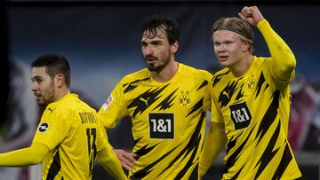 Haaland celebra uno de sus goles al Leipzig.