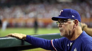 PHOENIX, ARIZONA - OCTOBER 30: Manager Bruce Bochy of the Texas Rangers looks on from the dugout in the ninth inning against the Arizona Diamondbacks during Game Three of the World Series at Chase Field on October 30, 2023 in Phoenix, Arizona.   Christian Petersen/Getty Images/AFP (Photo by Christian Petersen / GETTY IMAGES NORTH AMERICA / Getty Images via AFP)