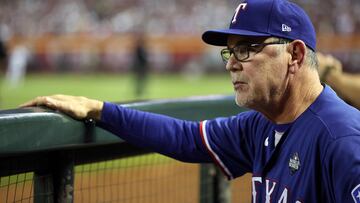 PHOENIX, ARIZONA - OCTOBER 30: Manager Bruce Bochy of the Texas Rangers looks on from the dugout in the ninth inning against the Arizona Diamondbacks during Game Three of the World Series at Chase Field on October 30, 2023 in Phoenix, Arizona.   Christian Petersen/Getty Images/AFP (Photo by Christian Petersen / GETTY IMAGES NORTH AMERICA / Getty Images via AFP)