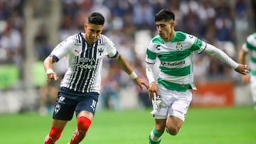 Maximiliano Meza (L) of Monterrey vies for the ball with Omar Campos (R) of Santos during the Mexican Clausura 2023 tournament football, match at the BBVA Bancomer stadium in Monterrey, Mexico, on April 16, 2023. (Photo by Julio Cesar AGUILAR / AFP)