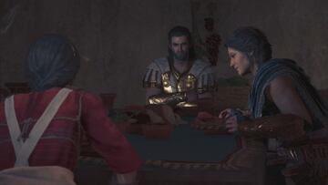 Alexios, Kassandra y Mirrina cenan en su casa en Esparta
