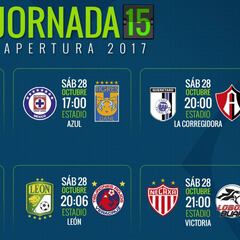 Fechas y horarios de la jornada 15 del Apertura 2017 de la Liga MX