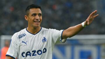 Marseille's Chilean forward Alexis Sanchez gestures during the French L1 football match between Olympique Marseille (OM) and Clermont Foot 63 at Stade Velodrome in Marseille, southern France on August 31, 2022. (Photo by Nicolas TUCAT / AFP) (Photo by NICOLAS TUCAT/AFP via Getty Images)