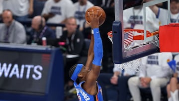 OKLAHOMA CITY, OKLAHOMA - MAY 28: Shai Gilgeous-Alexander #2 of the Oklahoma City Thunder dunks the ball against the Minnesota Timberwolves during the first quarter in Game Five of the Western Conference Finals of the 2025 NBA Playoffs at Paycom Center on May 28, 2025 in Oklahoma City, Oklahoma. NOTE TO USER: User expressly acknowledges and agrees that, by downloading and or using this photograph, User is consenting to the terms and conditions of the Getty Images License Agreement. Matthew Stockman/Getty Images/AFP (Photo by MATTHEW STOCKMAN / GETTY IMAGES NORTH AMERICA / Getty Images via AFP)