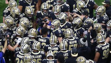 Jan 13, 2019; New Orleans, LA, USA; New Orleans Saints quarterback Drew Brees (9) huddles with teammates before a NFC Divisional playoff football game against the Philadelphia Eagles at Mercedes-Benz Superdome. Mandatory Credit: Chuck Cook-USA TODAY Sports