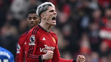 Manchester United's Argentinian midfielder #17 Alejandro Garnacho reacts after winning a second penalty during the English Premier League football match between Manchester United and Everton at Old Trafford in Manchester, north west England, on March 9, 2024. (Photo by Paul ELLIS / AFP) / RESTRICTED TO EDITORIAL USE. No use with unauthorized audio, video, data, fixture lists, club/league logos or 'live' services. Online in-match use limited to 120 images. An additional 40 images may be used in extra time. No video emulation. Social media in-match use limited to 120 images. An additional 40 images may be used in extra time. No use in betting publications, games or single club/league/player publications. / 