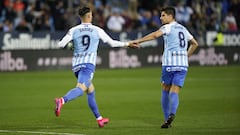 Sadiku y Adrián González, celebrando un gol del Málaga esta temporada.