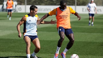 Ferland Mendy y Lucas Vázquez en la sesión de entrenamiento en Valdebebas.
