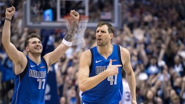 Apr 9, 2019; Dallas, TX, USA; Dallas Mavericks forward Dirk Nowitzki (41) and forward Luka Doncic (77) celebrate during the game against the Phoenix Suns at the American Airlines Center. Mandatory Credit: Jerome Miron-USA TODAY Sports