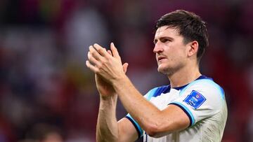 DOHA, QATAR - NOVEMBER 29:  Harry Maguire of England during the FIFA World Cup Qatar 2022 Group B match between Wales and England at Ahmad Bin Ali Stadium on November 29, 2022 in Doha, Qatar. (Photo by Robbie Jay Barratt - AMA/Getty Images)