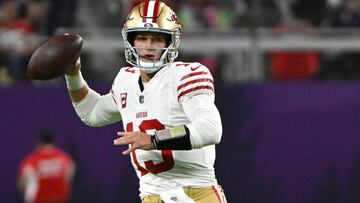MINNEAPOLIS, MINNESOTA - OCTOBER 23: Brock Purdy #13 of the San Francisco 49ers throws a first half pass against the Minnesota Vikings at U.S. Bank Stadium on October 23, 2023 in Minneapolis, Minnesota. Stephen Maturen/Getty Images/AFP (Photo by Stephen Maturen / GETTY IMAGES NORTH AMERICA / Getty Images via AFP)