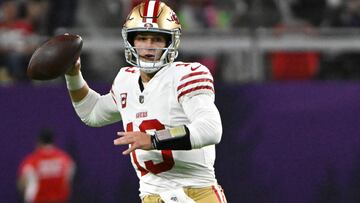 MINNEAPOLIS, MINNESOTA - OCTOBER 23: Brock Purdy #13 of the San Francisco 49ers throws a first half pass against the Minnesota Vikings at U.S. Bank Stadium on October 23, 2023 in Minneapolis, Minnesota.   Stephen Maturen/Getty Images/AFP (Photo by Stephen Maturen / GETTY IMAGES NORTH AMERICA / Getty Images via AFP)