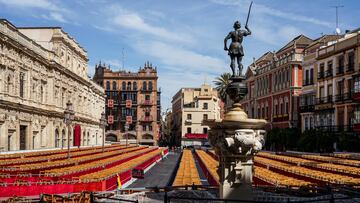 Palcos preparados en la Plaza de San Francisco, para que el público puede presenciar la procesiones de la Semana Santa, después de una espera de dos años debido a la pandemia del Covid- 19. Sevilla a 08 de abril 2022, en Sevilla (Andalucía, España)
08 ABRIL 2022
Eduardo Briones / Europa Press
08/04/2022