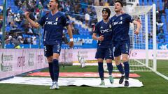 LEGANES, SPAIN - MARCH 18: Luismi Sanchez of Real Oviedo celebrates with Borja Sanchez and Dani Calvo after scoring the team's first goal during the La Liga SmartBank match between CD Leganes and Real Oviedo at Estadio Municipal de Butarque on March 18, 2023 in Leganes, Spain. (Photo by Angel Martinez/Getty Images)