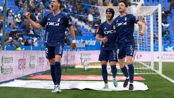 LEGANES, SPAIN - MARCH 18: Luismi Sanchez of Real Oviedo celebrates with Borja Sanchez and Dani Calvo after scoring the team's first goal during the La Liga SmartBank match between CD Leganes and Real Oviedo at Estadio Municipal de Butarque on March 18, 2023 in Leganes, Spain. (Photo by Angel Martinez/Getty Images)