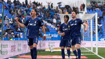 LEGANES, SPAIN - MARCH 18: Luismi Sanchez of Real Oviedo celebrates with Borja Sanchez and Dani Calvo after scoring the team's first goal during the La Liga SmartBank match between CD Leganes and Real Oviedo at Estadio Municipal de Butarque on March 18, 2023 in Leganes, Spain. (Photo by Angel Martinez/Getty Images)