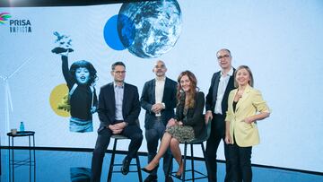 Joseph Oughourlian, presidente de PRISA; Carlos Núñez, presidente ejecutivo de PRISA Media; Pilar Gil, directora financiera de PRISA; Francisco Cuadrado, presidente ejecutivo de Santillana; y Rosa Junquera, directora de Sostenibilidad de PRISA.