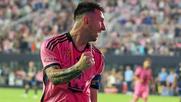 Inter Miami's Argentine forward #10 Lionel Messi celebrates his first goal during the Major League Soccer (MLS) regular season football match between Inter Miami and Philadelphia Union at Chase Stadium in Fort Lauderdale, Florida, September 14, 2024. (Photo by Chris ARJOON / AFP)