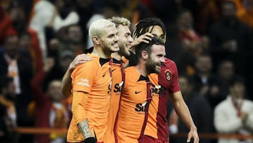 ISTANBUL, TURKIYE - JANUARY 13: Juan Mata (2nd R) of Galatasaray celebrates after scoring a goal with his teammates during Turkish Super Lig Week 19 match between Galatasaray and Atakas Hatayspor at Nef Stadium in Istanbul, Turkiye on January 13, 2023. (Photo by Arife Karakum/Anadolu Agency via Getty Images)