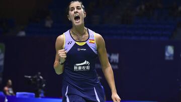 Carolina Marín celebra su victoria ante Okuhara Nozomi en el China Open 2019.