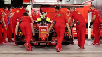 Formula One F1 - Sakhir Grand Prix - Bahrain International Circuit, Sakhir, Bahrain - December 5, 2020  Ferrari&#039;s Charles Leclerc in the garage during practice  FIA/Handout via REUTERS ATTENTION EDITORS - THIS IMAGE HAS BEEN SUPPLIED BY A THIRD PARTY