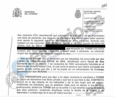 El informe policial en el que aparecen De Gea y Muniain
