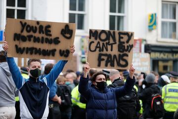 Chelsea fans protest against the planned European Super League.