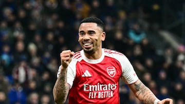 Arsenal's Brazilian striker #09 Gabriel Jesus celebrates after scoring his team second goal during the UEFA Champions League, league phase day 7, football match between Inter Milan and Arsenal at San Siro stadium in Milan, northern Italy, on January 20, 2026. (Photo by Stefano RELLANDINI / AFP)