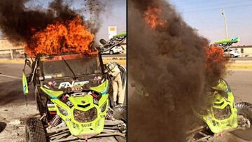 El buggy de Santi Navarro, en llamas.