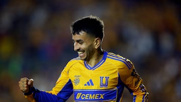 Tigres' Argentine forward #07 Angel Correa celebrates after scoring his team's fourth goal during the Liga MX Apertura football match between Tigres and Puebla at the UANL University Stadium in San Nicolas de los Garza, Nuevo Leon state, Mexico on August 8, 2025. (Photo by Julio Cesar AGUILAR / AFP)