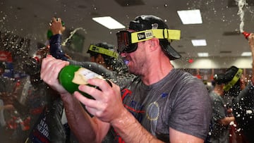 Nov 1, 2023; Phoenix, Arizona, USA; Texas Rangers starting pitcher Max Scherzer (31) celebrates in the locker room after winning the 2023 World Series in five games against the Arizona Diamondbacks at Chase Field. Mandatory Credit: Mark J. Rebilas-USA TODAY Sports