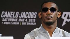 Daniel Jacobs attends a news conference for a middleweight title boxing match against Canelo Alvarez, Wednesday, May 1, 2019, in Las Vegas. The two are scheduled to fight Saturday in Las Vegas. (AP Photo/John Locher)