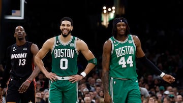 May 25, 2023; Boston, Massachusetts, USA; Boston Celtics forward Jayson Tatum (0) and center Robert Williams III (44) react during the third quarter against the Miami Heat in game five of the Eastern Conference Finals for the 2023 NBA playoffs at TD Garden. Mandatory Credit: Winslow Townson-USA TODAY Sports