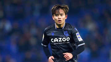 BARCELONA, SPAIN - FEBRUARY 13: Takefusa 'Take' Kubo of Real Sociedad is seen in action during the LaLiga Santander match between RCD Espanyol and Real Sociedad at RCDE Stadium on February 13, 2023 in Barcelona, Spain. (Photo by Alex Caparros/Getty Images)