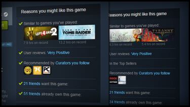 Steam te explica por qué te recomienda un juego u otro